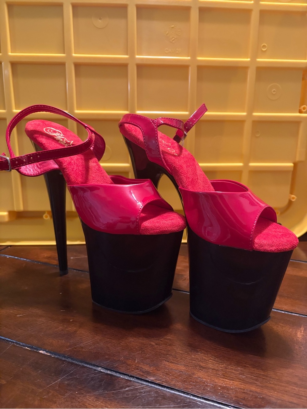 High Platform Red Patent Peep-Toe Heels